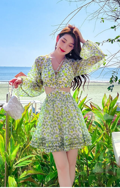 Summer Floral Print Sexy Backless Puff Sleeve Dress CODE: KAR1945