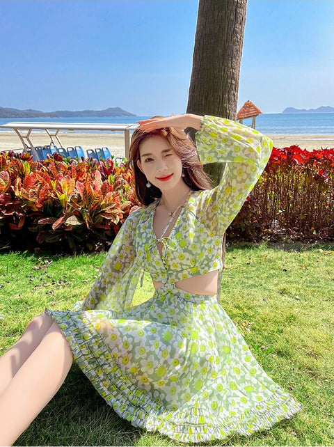 Summer Floral Print Sexy Backless Puff Sleeve Dress CODE: KAR1945