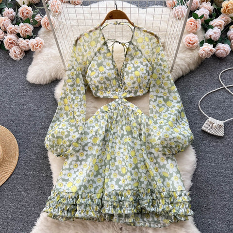 Summer Floral Print Sexy Backless Puff Sleeve Dress CODE: KAR1945