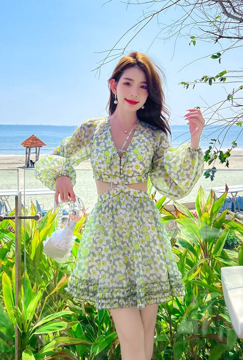 Summer Floral Print Sexy Backless Puff Sleeve Dress CODE: KAR1945