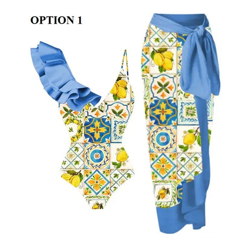 Summer Retro Ruffle Swimsuit & Skirt Asymmetrical Holiday Beach Dress CODE: KAR1954