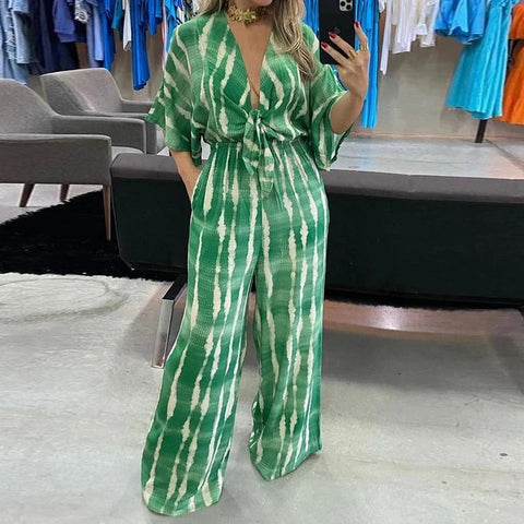 Summer Striped Print Fashion V-neck Half Sleeve Casual Wide Leg Pant Jumpsuit CODE: KAR1963