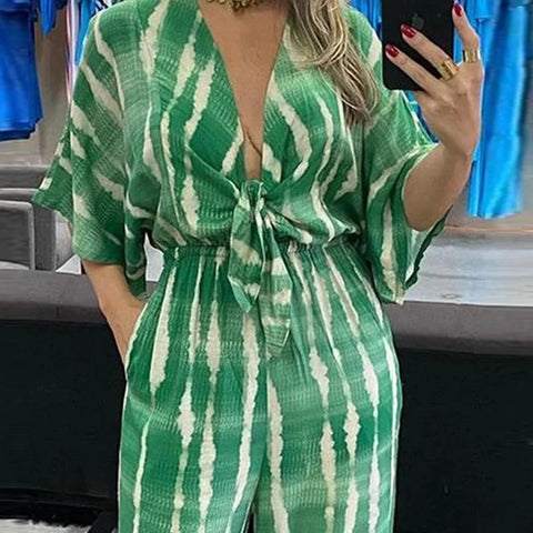 Summer Striped Print Fashion V-neck Half Sleeve Casual Wide Leg Pant Jumpsuit CODE: KAR1963