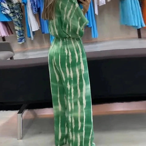 Summer Striped Print Fashion V-neck Half Sleeve Casual Wide Leg Pant Jumpsuit CODE: KAR1963