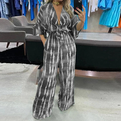 Summer Striped Print Fashion V-neck Half Sleeve Casual Wide Leg Pant Jumpsuit CODE: KAR1963