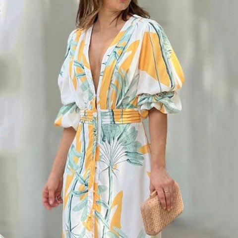 Summer Stylish Print Short Puff Sleeve V Neck Nipped Waist Slim Single Row Button Maxi Dress CODE: KAR1964