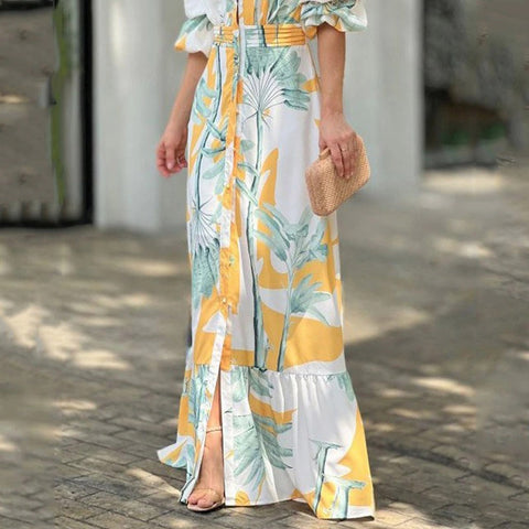 Summer Stylish Print Short Puff Sleeve V Neck Nipped Waist Slim Single Row Button Maxi Dress CODE: KAR1964