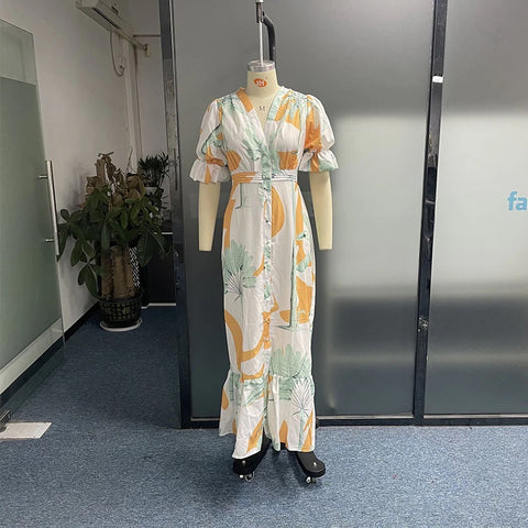 Summer Stylish Print Short Puff Sleeve V Neck Nipped Waist Slim Single Row Button Maxi Dress CODE: KAR1964