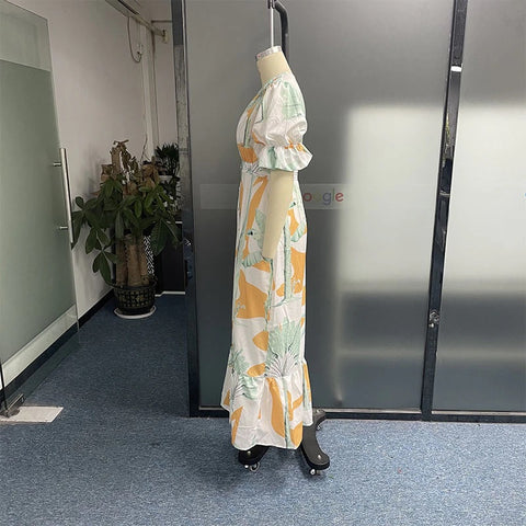 Summer Stylish Print Short Puff Sleeve V Neck Nipped Waist Slim Single Row Button Maxi Dress CODE: KAR1964