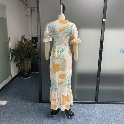 Summer Stylish Print Short Puff Sleeve V Neck Nipped Waist Slim Single Row Button Maxi Dress CODE: KAR1964