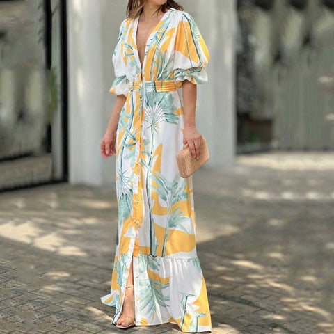 Summer Stylish Print Short Puff Sleeve V Neck Nipped Waist Slim Single Row Button Maxi Dress CODE: KAR1964