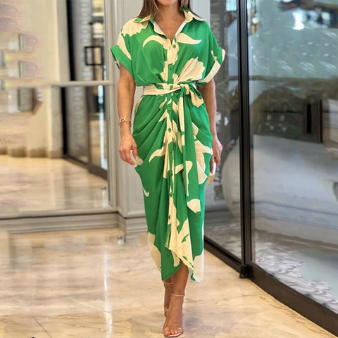 Summer Fashion Casual Print Lapel Short Sleeve Pleated Single Row Button Waist Lace Up Design Shirt Dress CODE: KAR1965