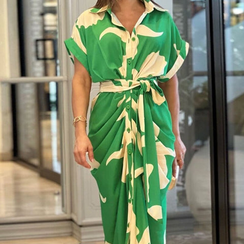 Summer Fashion Casual Print Lapel Short Sleeve Pleated Single Row Button Waist Lace Up Design Shirt Dress CODE: KAR1965