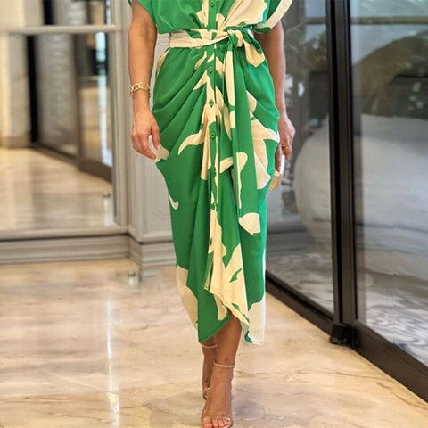 Summer Fashion Casual Print Lapel Short Sleeve Pleated Single Row Button Waist Lace Up Design Shirt Dress CODE: KAR1965