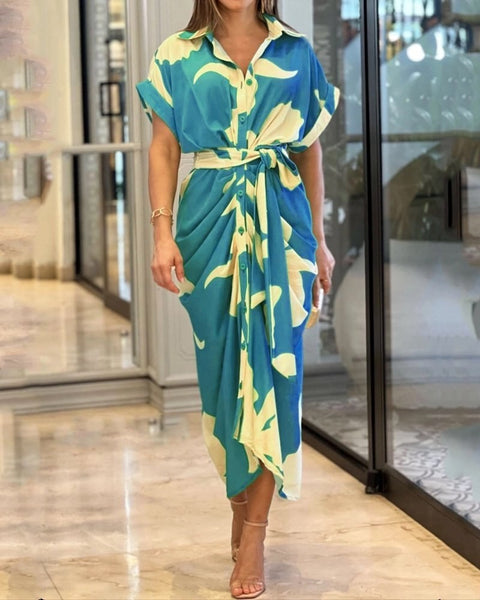 Summer Fashion Casual Print Lapel Short Sleeve Pleated Single Row Button Waist Lace Up Design Shirt Dress CODE: KAR1965