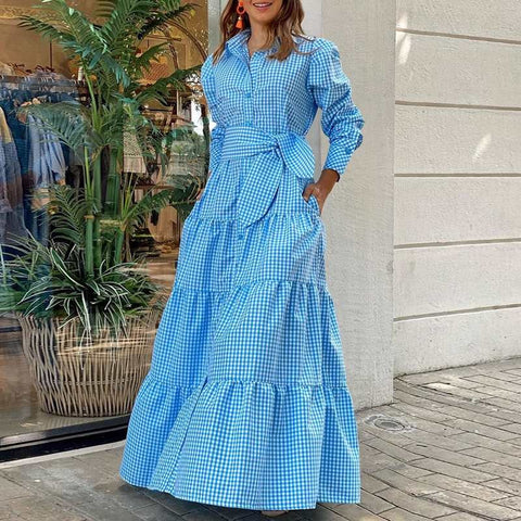 New Casual Plaid Long Sleeve Button Belted Pocket Maxi Shirt Dress CODE: KAR1966