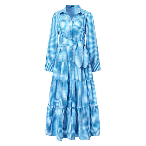 New Casual Plaid Long Sleeve Button Belted Pocket Maxi Shirt Dress CODE: KAR1966