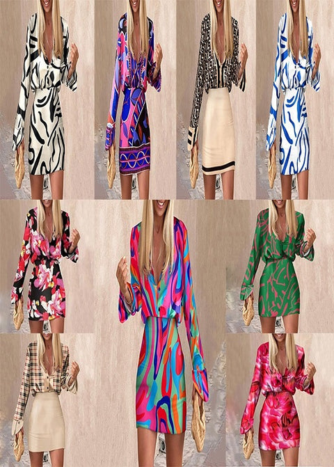 New Sexy Fashion Casual Shirt Printed Skirt Two-piece Set CODE: KAR1974