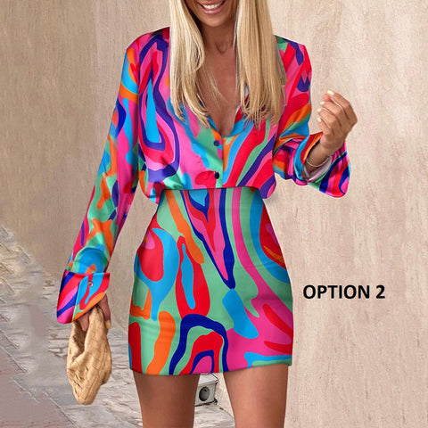 New Sexy Fashion Casual Shirt Printed Skirt Two-piece Set CODE: KAR1974