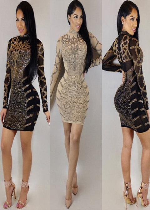 New Rhinestone Diamonds Embellished Slim Turtleneck Long Sleeve Bodycon Mini Dress CODE: KAR1983