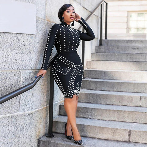 Sexy New Elegant Long Sleeve Sparkly Crystal Beaded Bodycon Dress CODE: KAR1985