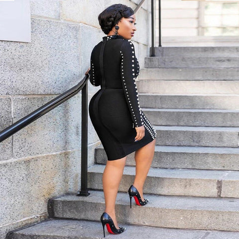 Sexy New Elegant Long Sleeve Sparkly Crystal Beaded Bodycon Dress CODE: KAR1985