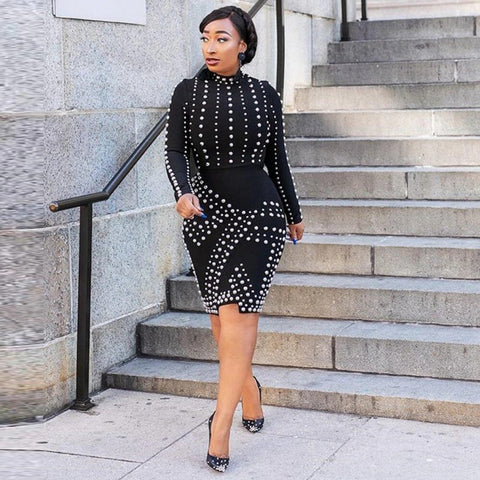 Sexy New Elegant Long Sleeve Sparkly Crystal Beaded Bodycon Dress CODE: KAR1985