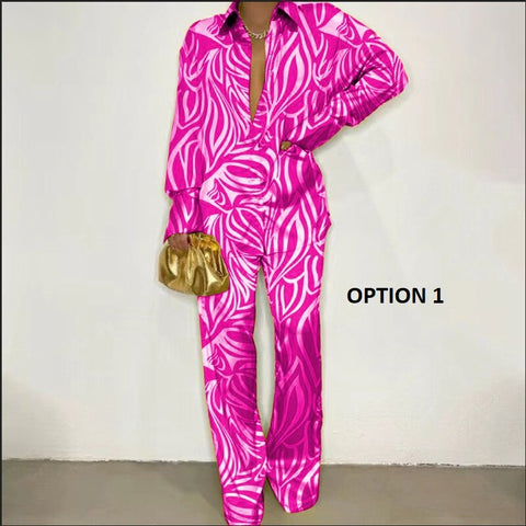 New Fashion Printed Long Sleeve Casual Split T-shirt Flared Pant Two Piece Set CODE: KAR1993