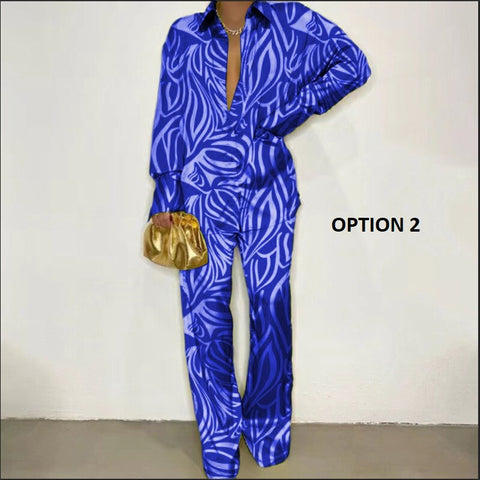 New Fashion Printed Long Sleeve Casual Split T-shirt Flared Pant Two Piece Set CODE: KAR1993