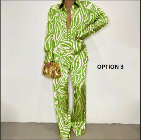 New Fashion Printed Long Sleeve Casual Split T-shirt Flared Pant Two Piece Set CODE: KAR1993
