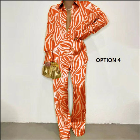 New Fashion Printed Long Sleeve Casual Split T-shirt Flared Pant Two Piece Set CODE: KAR1993