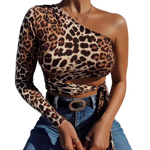 Leopard Skin Fashion One Shoulder Long Sleeve Slim Sexy Elegant Top CODE: KAR1994