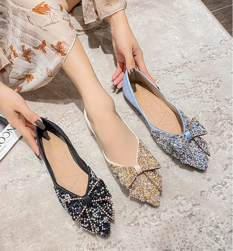 New Elegant Bling Crystal Bow Tie Pointed Toe Flats CODE: KAR2002
