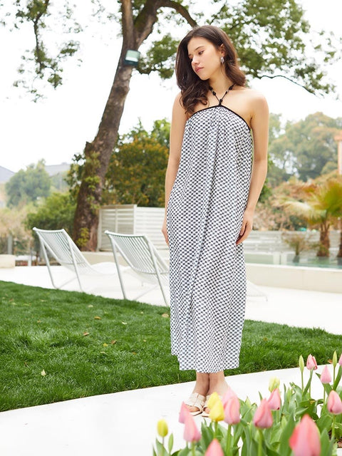 Summer Backless Sexy Slip Black White Plaid Sleeveless Boho Beach Maxi Long Dress CODE: KAR2005