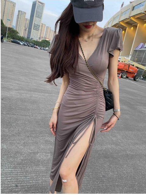 Summer Short Sleeve V-neck Solid Sexy Dress CODE: KAR2009