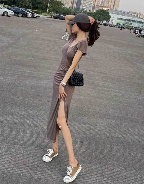 Summer Short Sleeve V-neck Solid Sexy Dress CODE: KAR2009