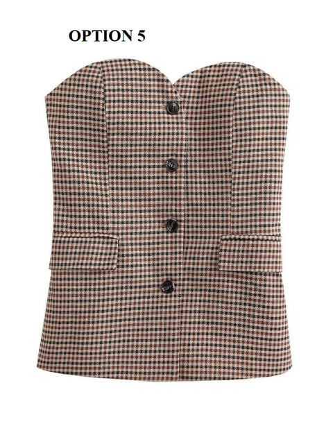 New Sexy Fashion Casual Strapless Button Plaid Vest Crop Tank Top CODE: KAR2027