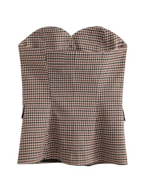 New Sexy Fashion Casual Strapless Button Plaid Vest Crop Tank Top CODE: KAR2027
