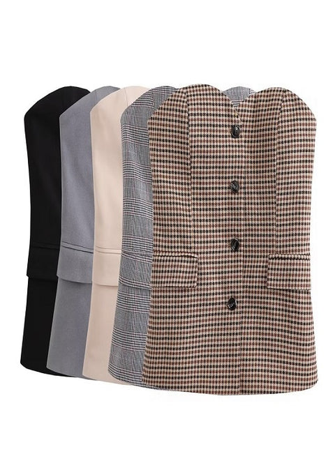 New Sexy Fashion Casual Strapless Button Plaid Vest Crop Tank Top CODE: KAR2027