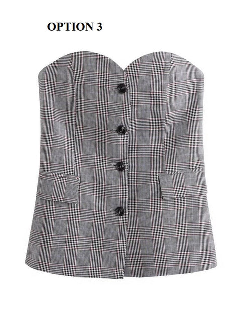 New Sexy Fashion Casual Strapless Button Plaid Vest Crop Tank Top CODE: KAR2027