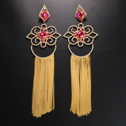 Bohemian Rose Red Long Fringe Large Crystal Earrings CODE: KAR2033