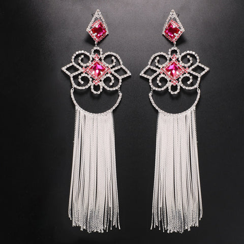 Bohemian Rose Red Long Fringe Large Crystal Earrings CODE: KAR2033