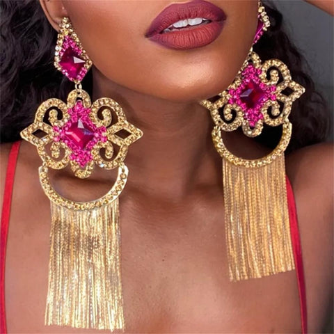 Bohemian Rose Red Long Fringe Large Crystal Earrings CODE: KAR2033