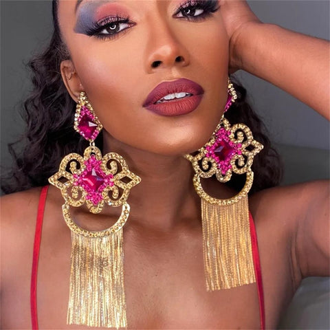 Bohemian Rose Red Long Fringe Large Crystal Earrings CODE: KAR2033