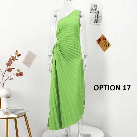 New Elegant Diagonal Collar Long Sleeveless Asymmetric Ruffled Pleated Dresses CODE: KAR2044