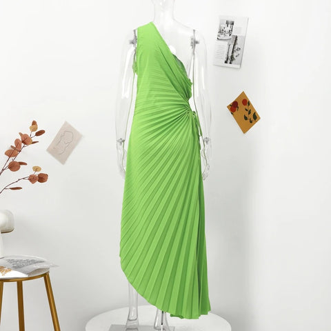 New Elegant Diagonal Collar Long Sleeveless Asymmetric Ruffled Pleated Dresses CODE: KAR2044
