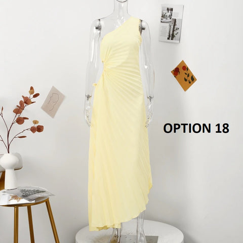 New Elegant Diagonal Collar Long Sleeveless Asymmetric Ruffled Pleated Dresses CODE: KAR2044