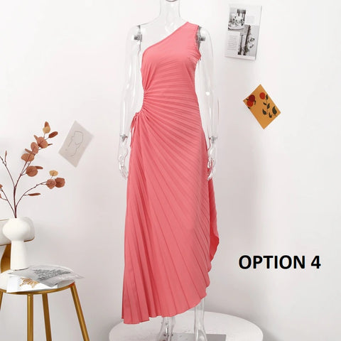 New Elegant Diagonal Collar Long Sleeveless Asymmetric Ruffled Pleated Dresses CODE: KAR2044