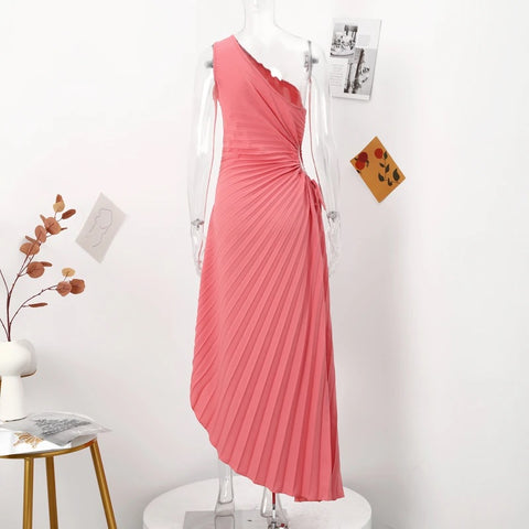 New Elegant Diagonal Collar Long Sleeveless Asymmetric Ruffled Pleated Dresses CODE: KAR2044