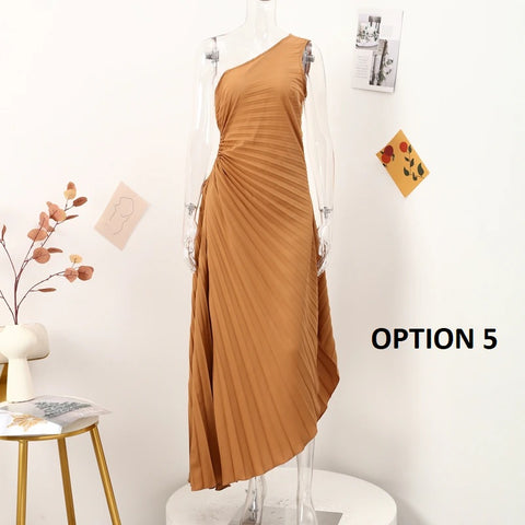 New Elegant Diagonal Collar Long Sleeveless Asymmetric Ruffled Pleated Dresses CODE: KAR2044